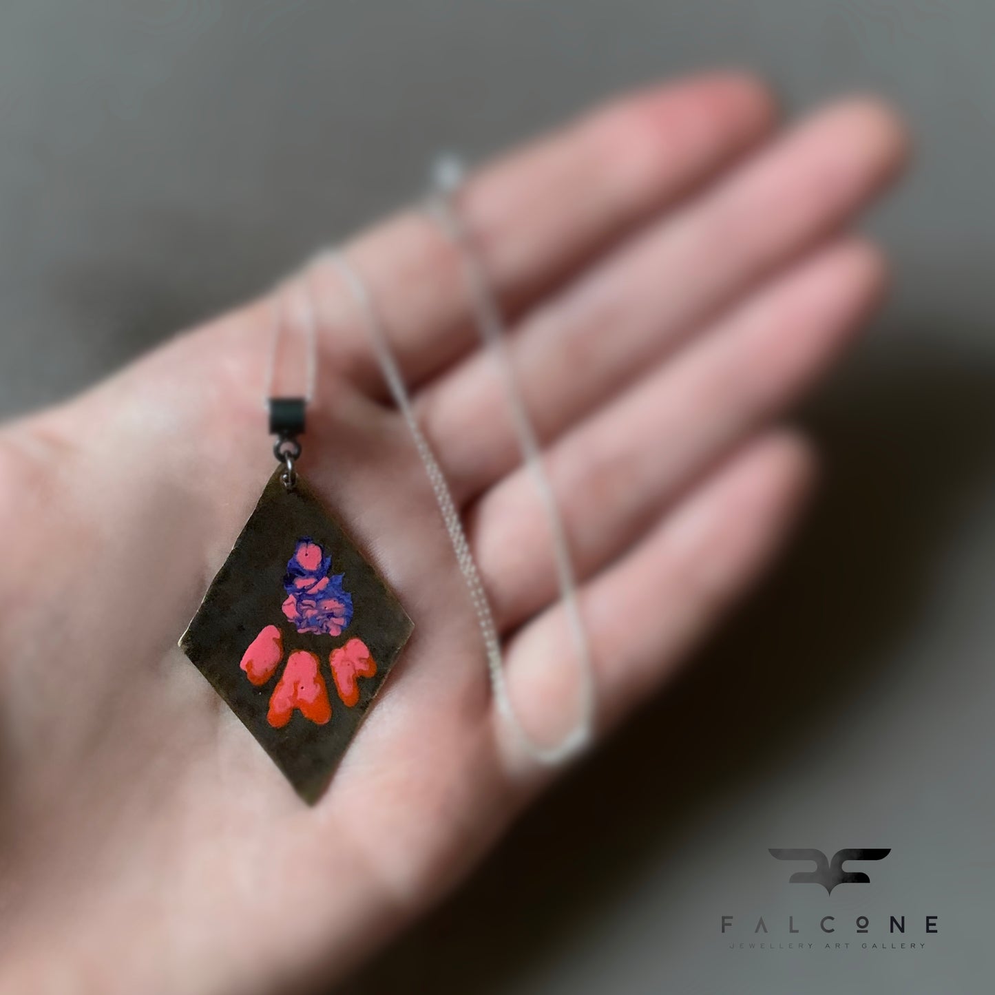 Necklace made of patinated brass and silver 'Flowers - Violet and Orange with Pink'