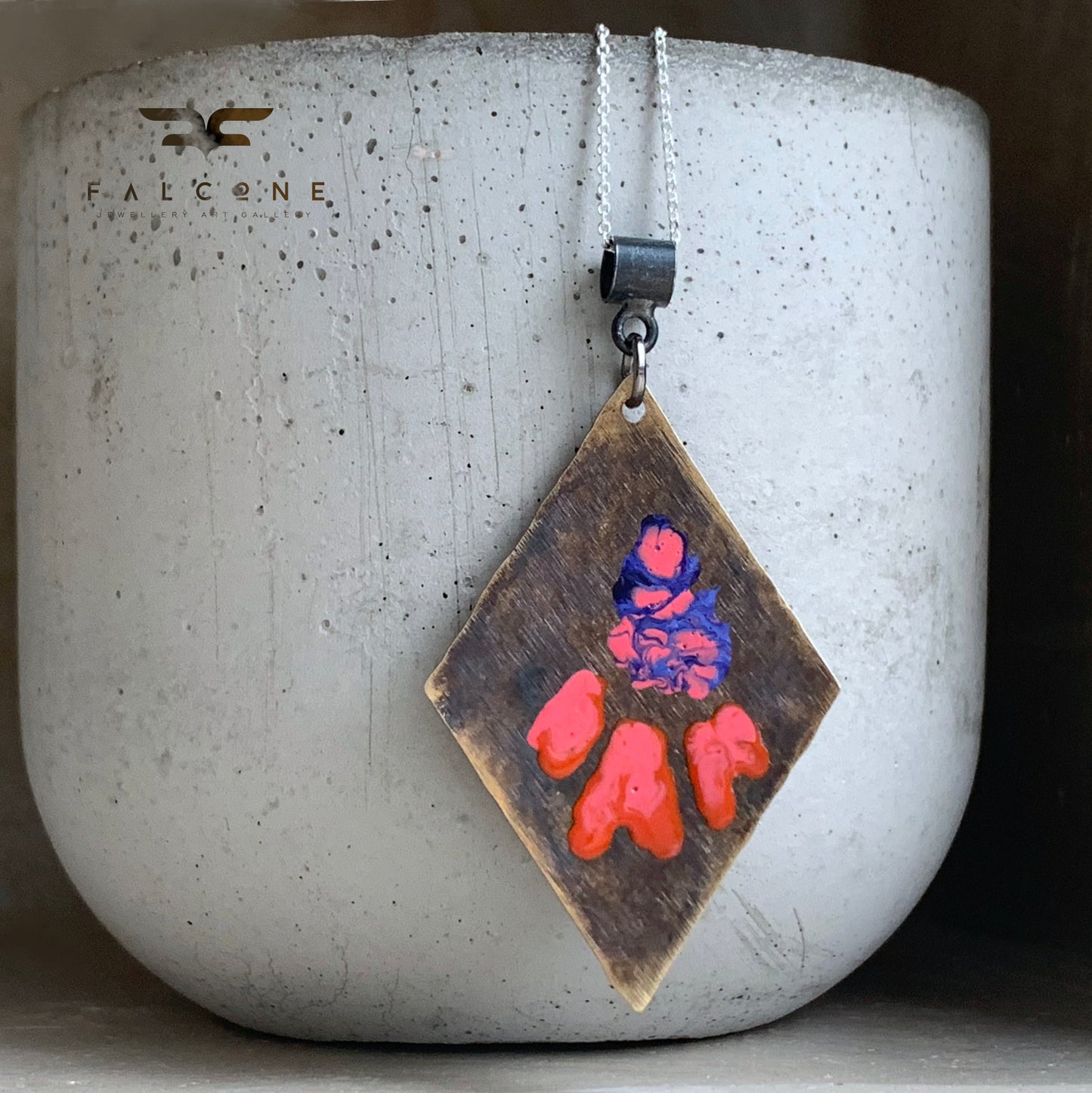 Necklace made of patinated brass and silver 'Flowers - Violet and Orange with Pink'