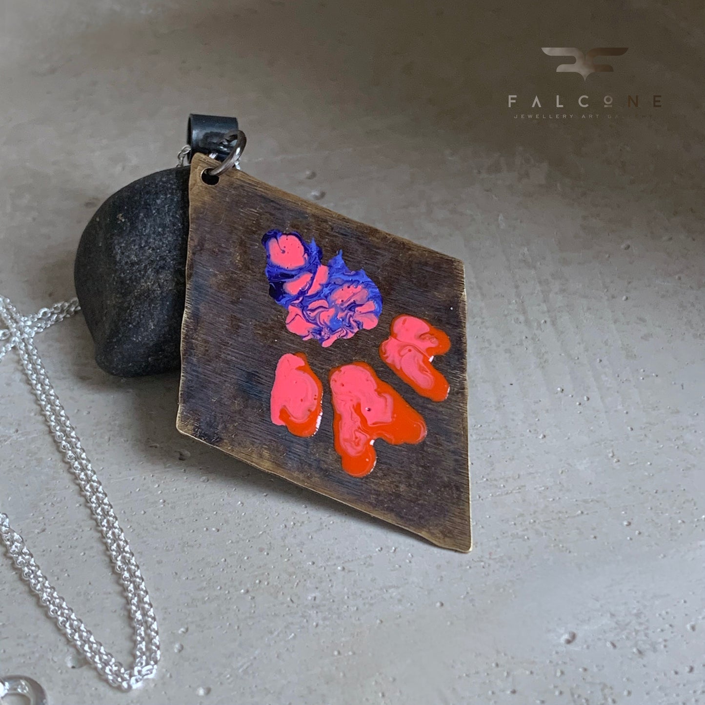 Necklace made of patinated brass and silver 'Flowers - Violet and Orange with Pink'