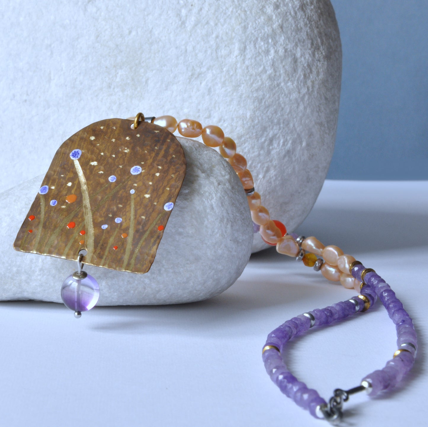 Unique romantic necklace with silver, brass, natural pearls and amethyst 'In the Shadow of the Sweet Pear Tree'