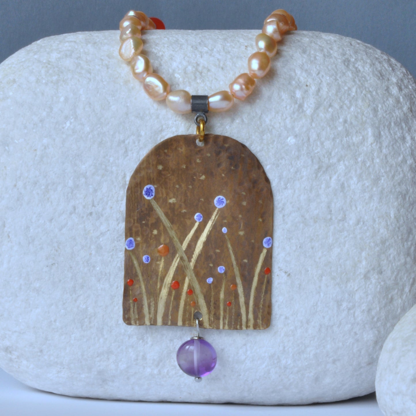 Unique romantic necklace with silver, brass, natural pearls and amethyst 'In the Shadow of the Sweet Pear Tree'