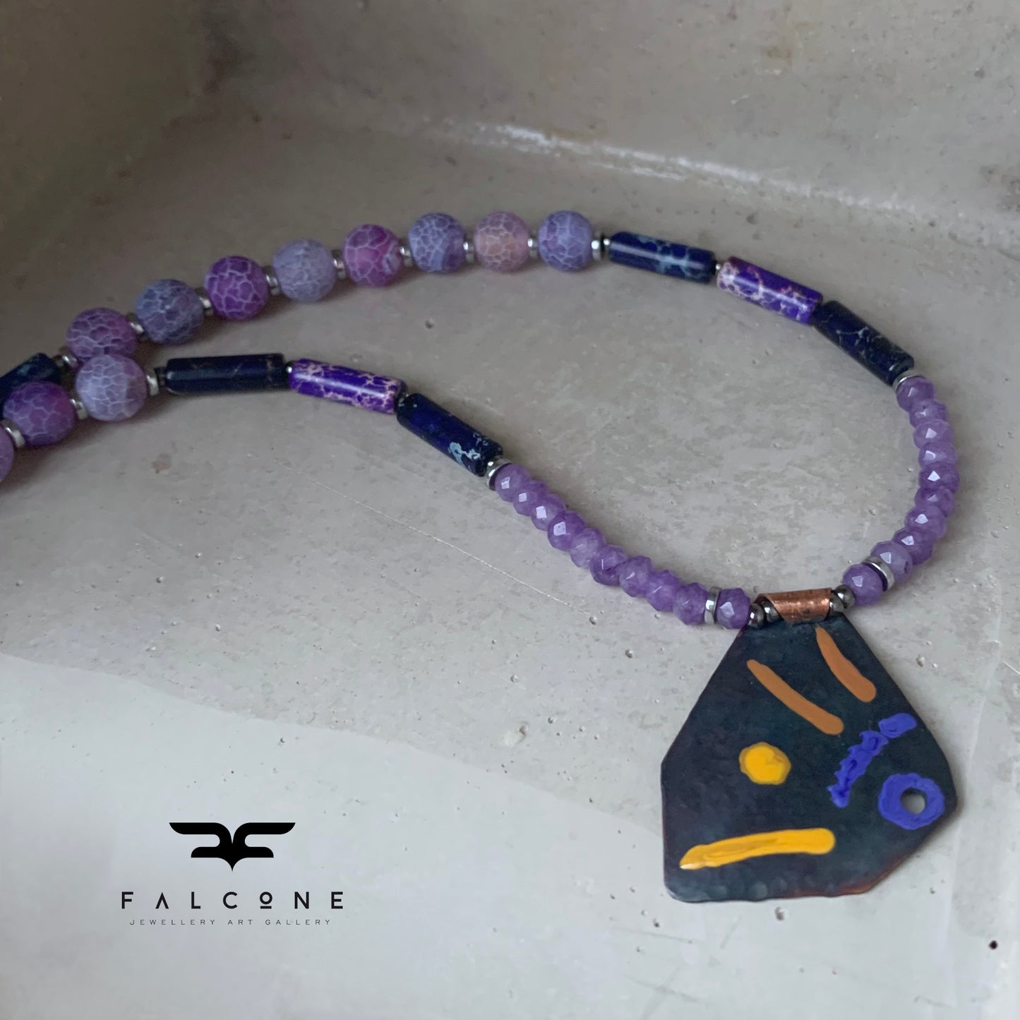 Necklace with gemstones and copper pendant 'Life on the Reef - Purple, Garnet and Ochre'