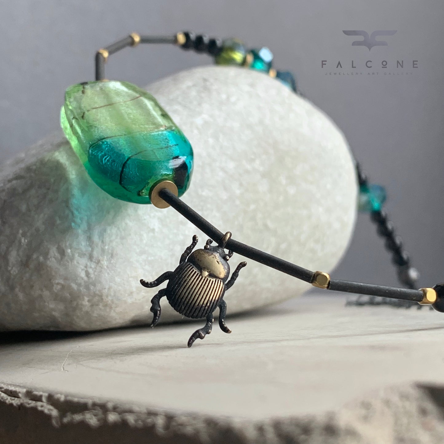 Brass, Glass, Gemstone and Silver Necklace 'Scarab & Venetian Glass'