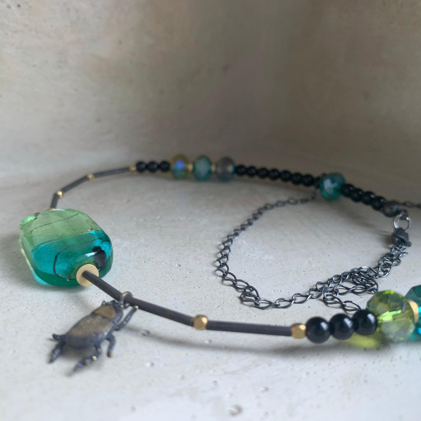 Brass, Glass, Gemstone and Silver Necklace 'Scarab & Venetian Glass'