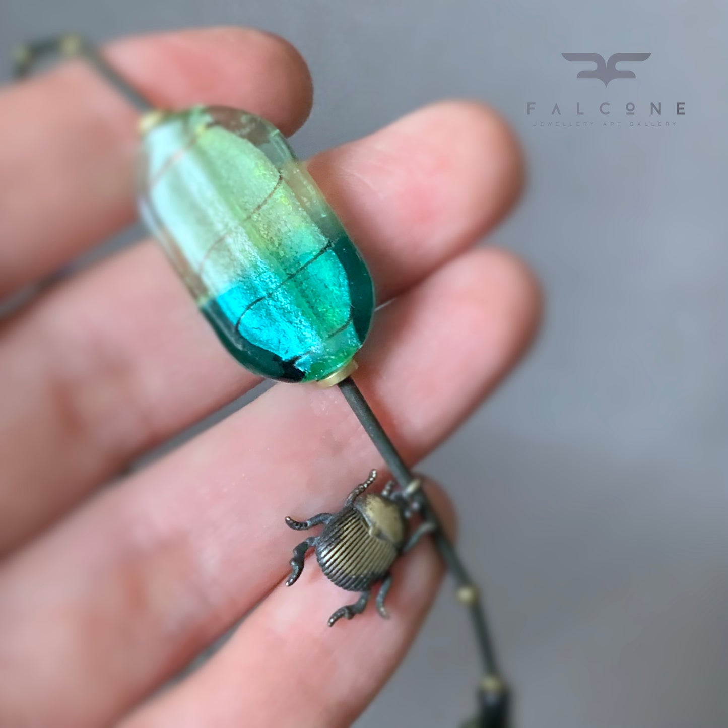Brass, Glass, Gemstone and Silver Necklace 'Scarab & Venetian Glass'
