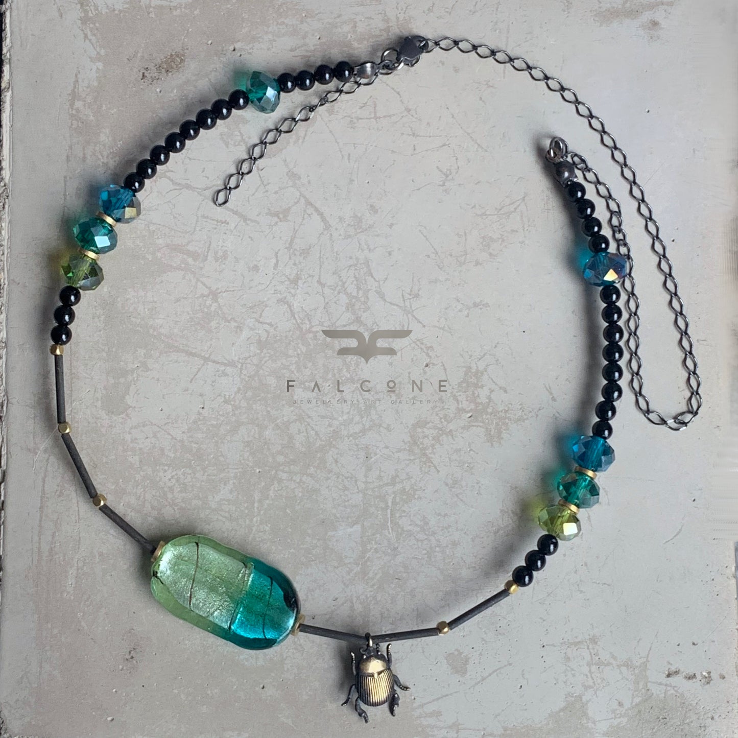 Brass, Glass, Gemstone and Silver Necklace 'Scarab & Venetian Glass'