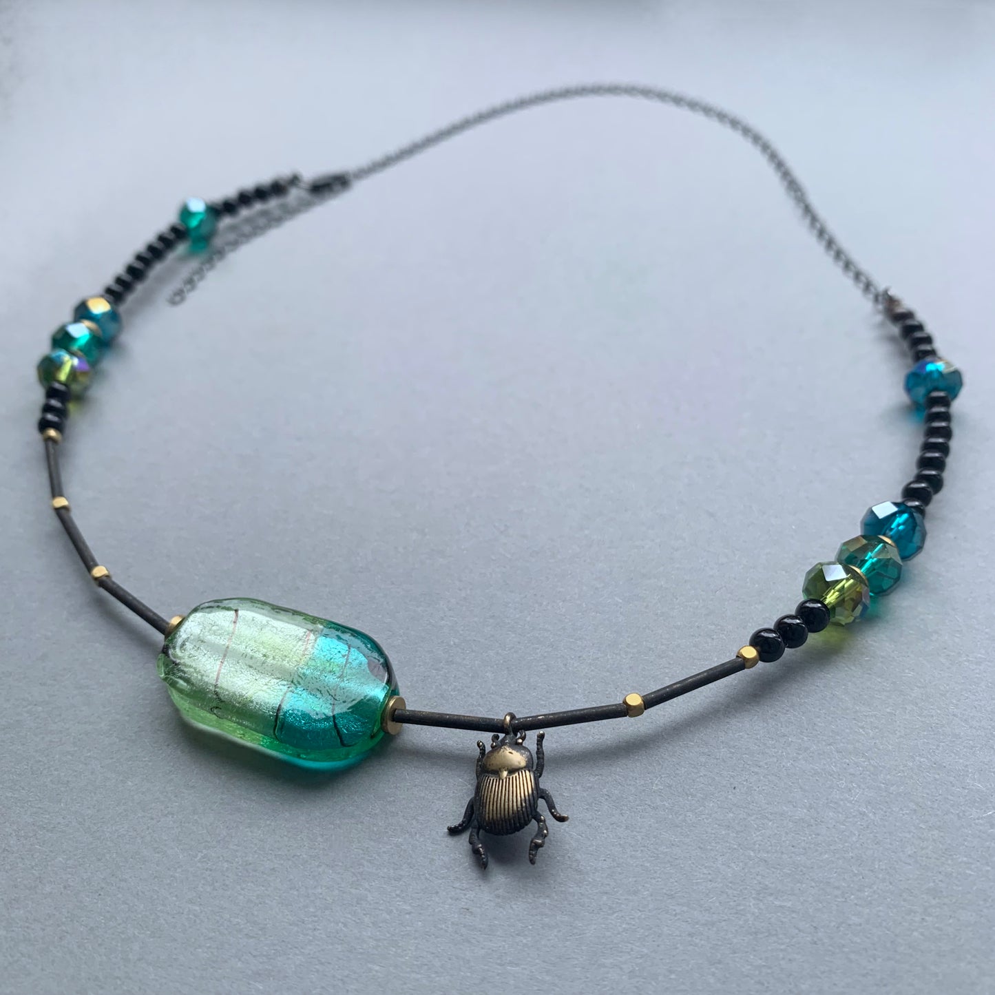Brass, Glass, Gemstone and Silver Necklace 'Scarab & Venetian Glass'