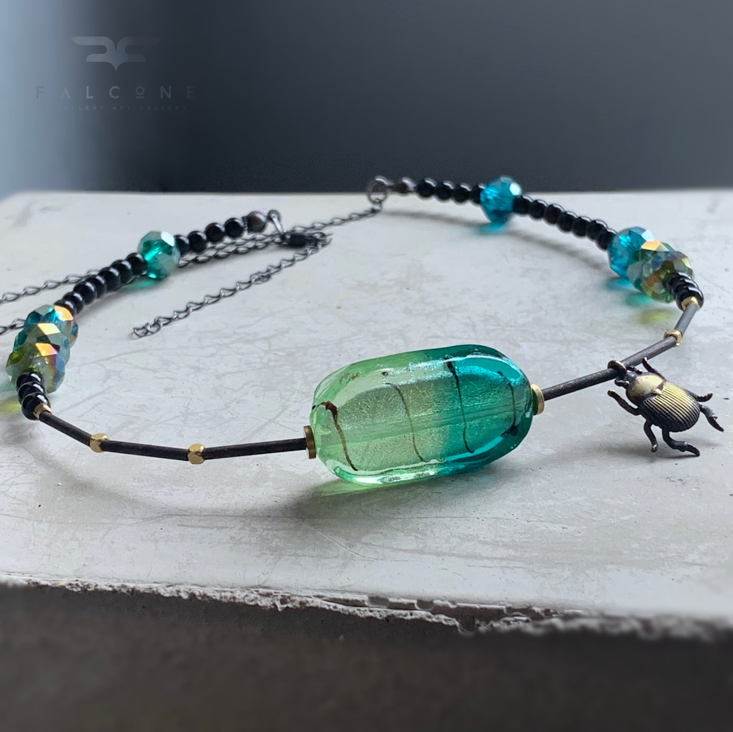 Brass, Glass, Gemstone and Silver Necklace 'Scarab & Venetian Glass'