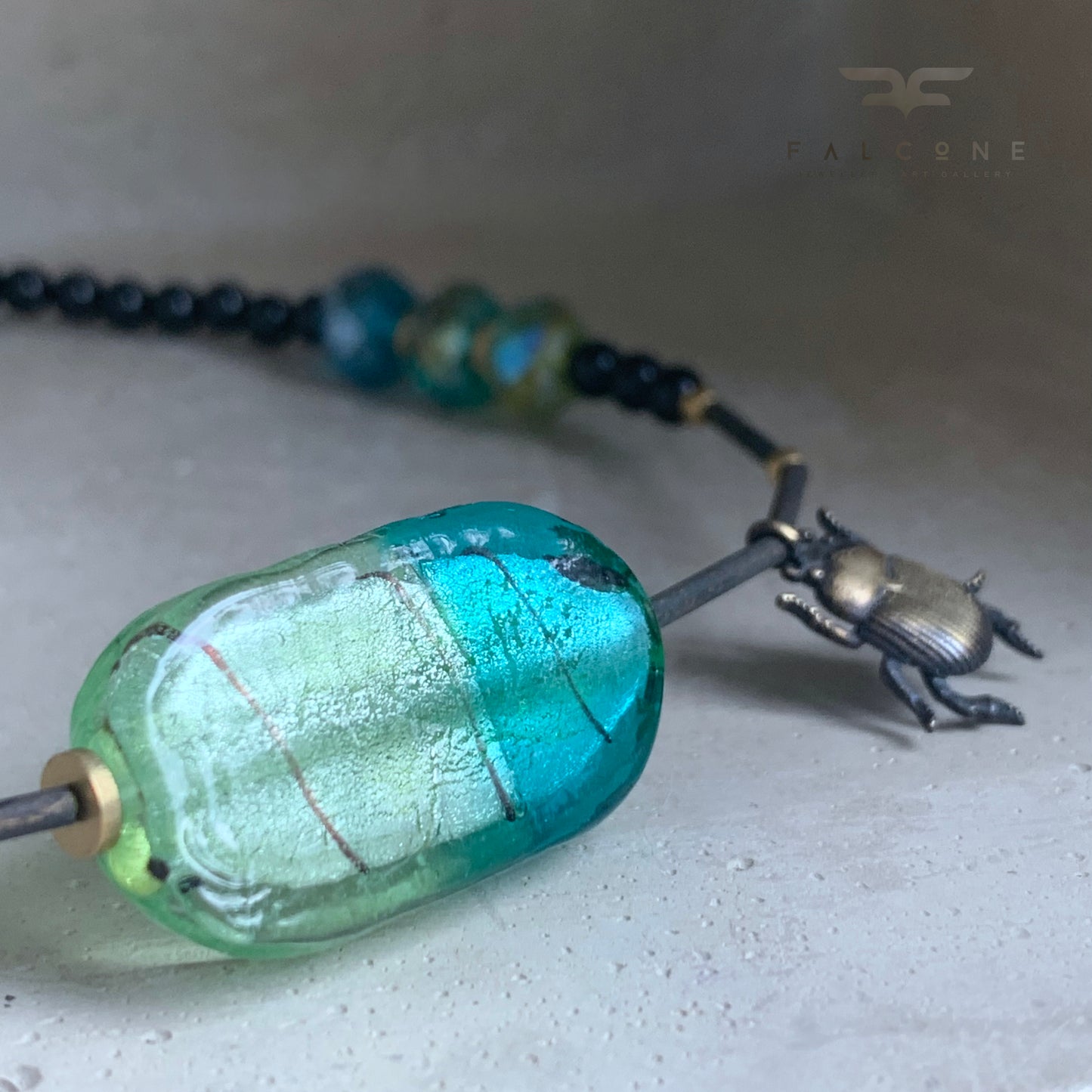 Brass, Glass, Gemstone and Silver Necklace 'Scarab & Venetian Glass'
