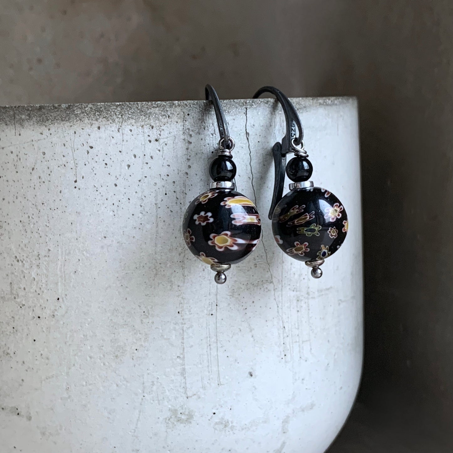 Glass, Onyx, and Silver Earrings 'Black Meadow Millefiori'