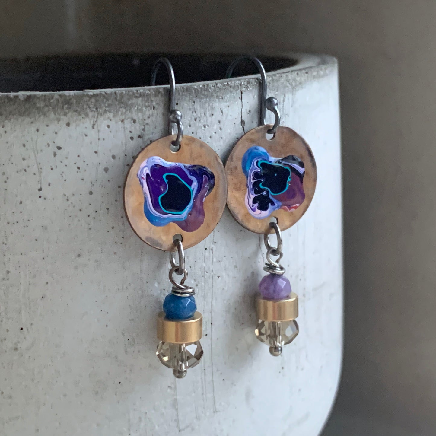 Jade, Silver, and Brass Earrings 'Flower in Violet and Blue'