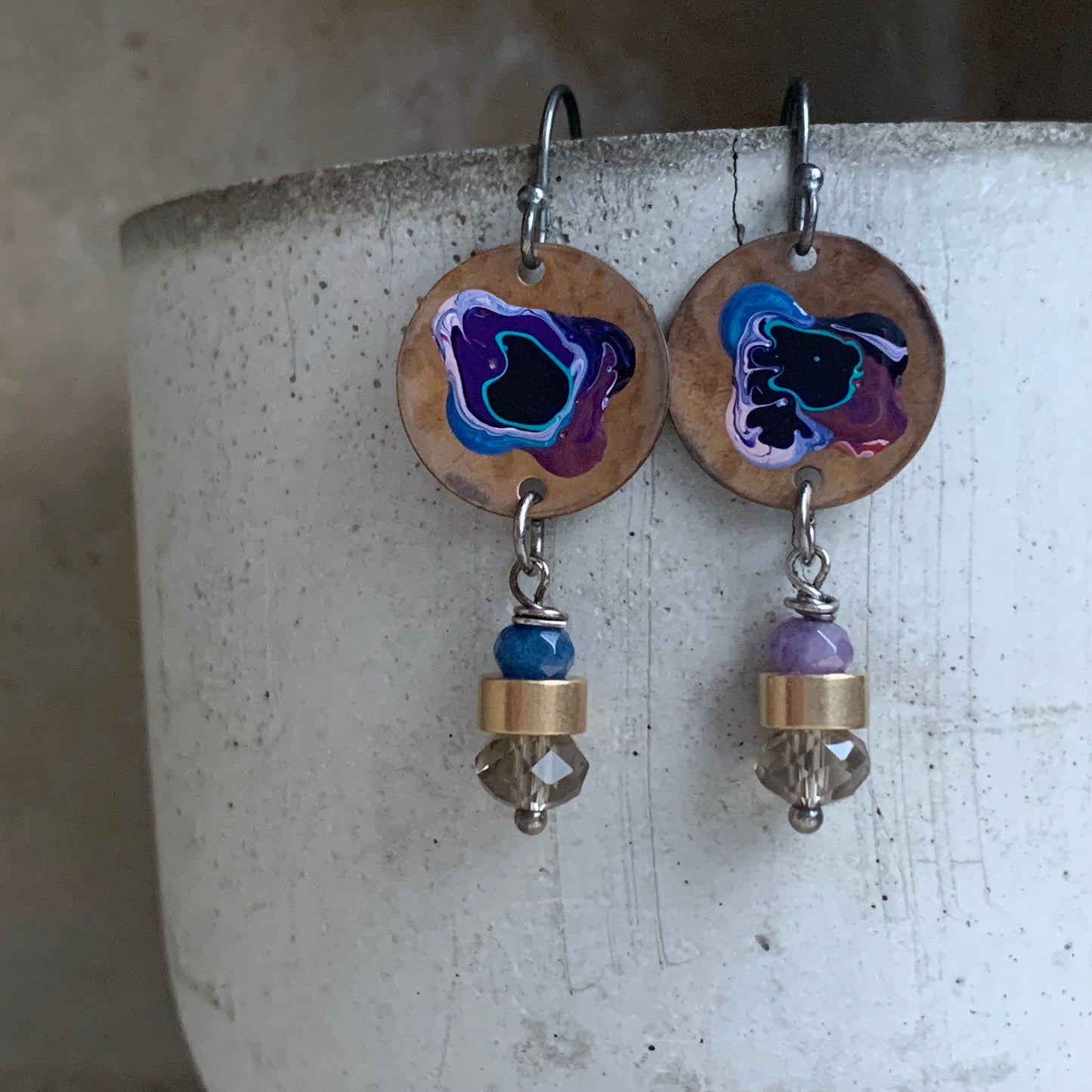 Jade, Silver, and Brass Earrings 'Flower in Violet and Blue'