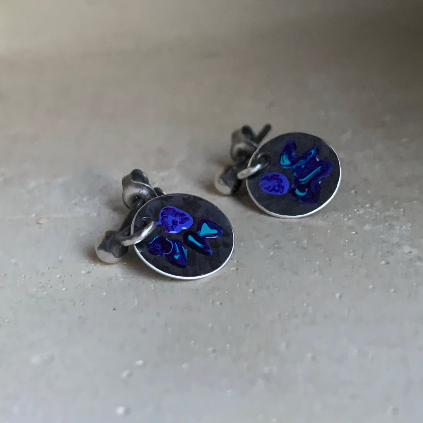 Silver Stud Earrings with Enamel 'Wildflowers - Dark Night Blue'