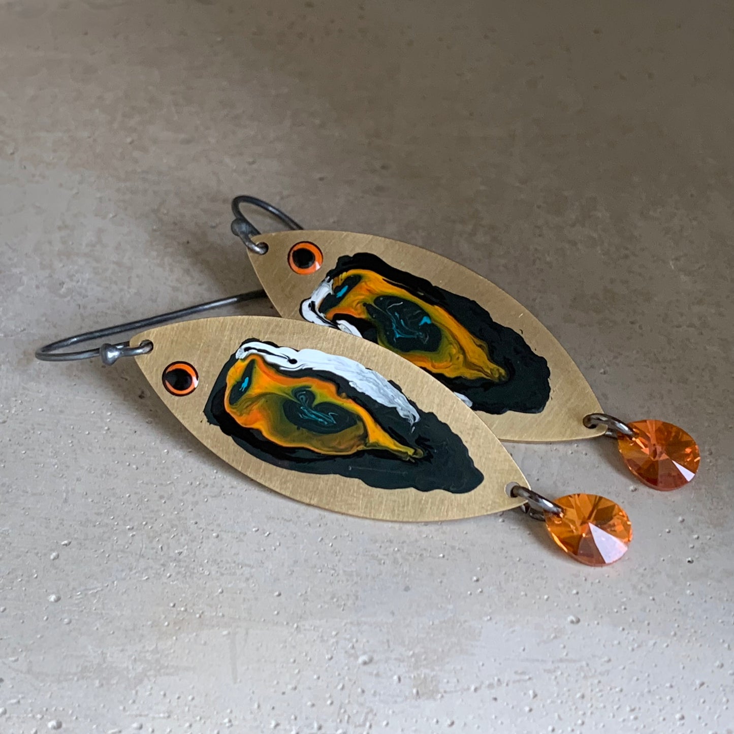 Brass, Silver & Swarovski Earrings 'Fish With Orange Tails'