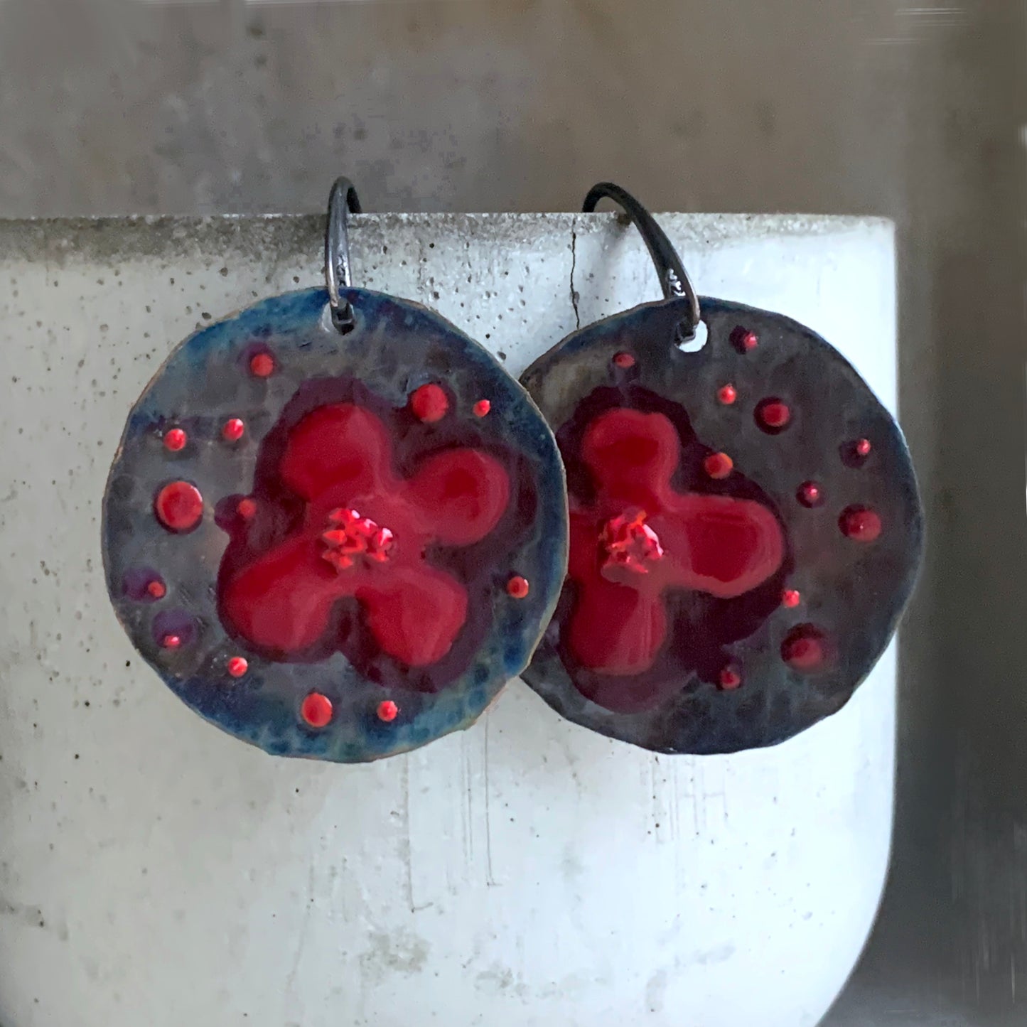 Copper and Silver Earrings 'Dark Ruby Poppies'