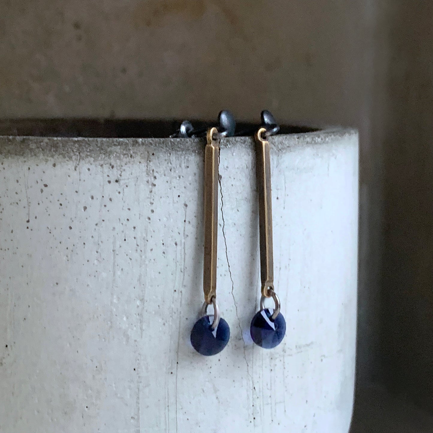 Brass, Silver, and Swarovski Crystal Earrings 'Dark Navy Blue'