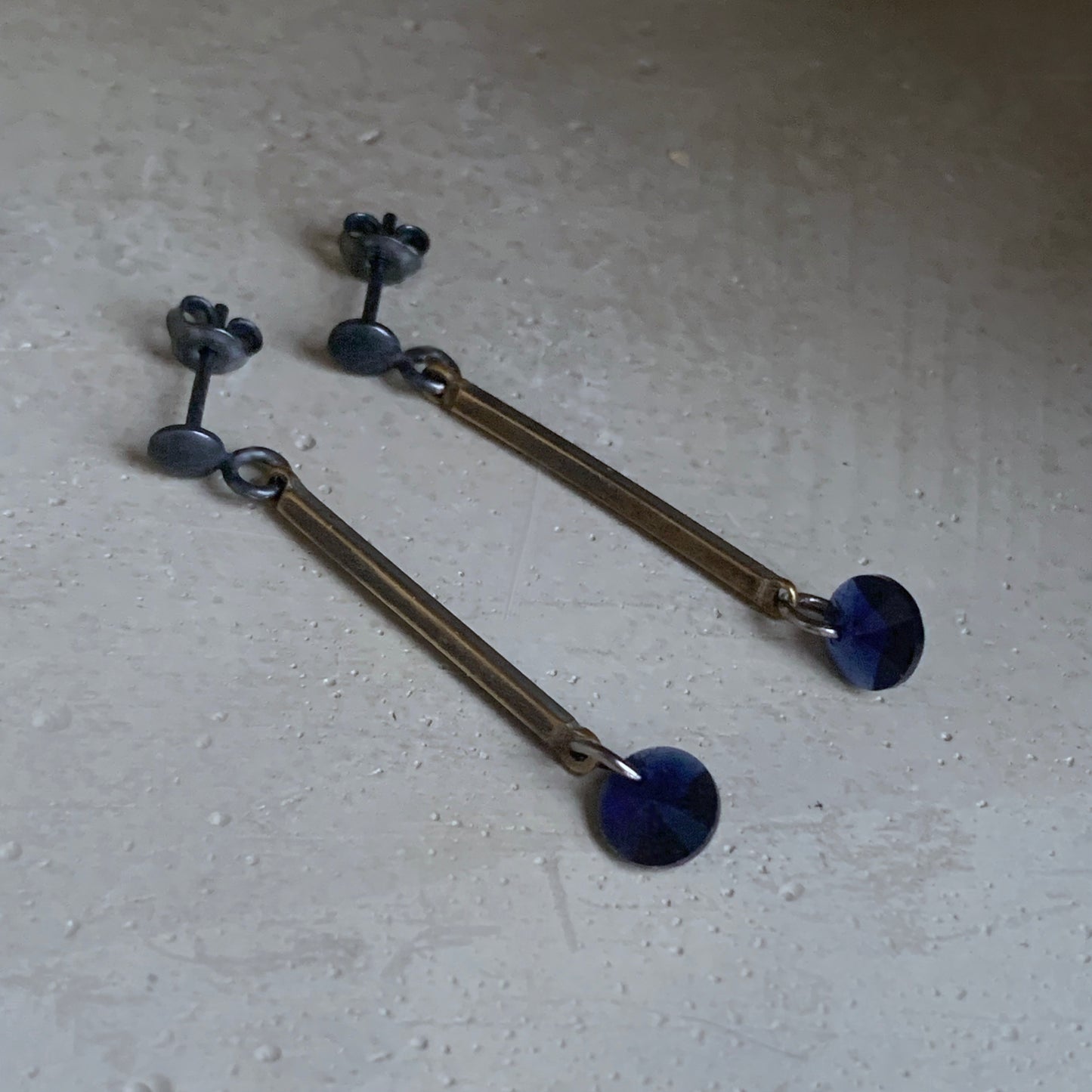 Brass, Silver, and Swarovski Crystal Earrings 'Dark Navy Blue'