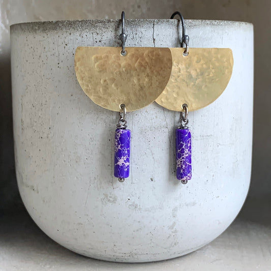 Brass, Jasper and Silver Earrings 'Moon in Purple'