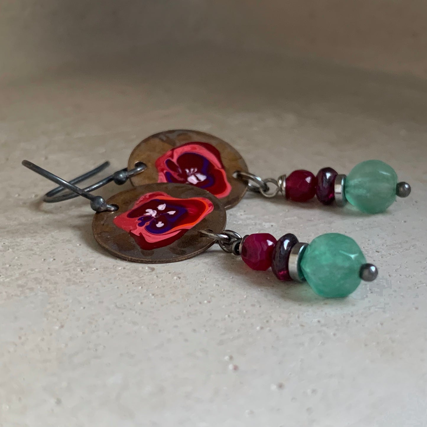 Enamelled Earrings in Brass, Silver and Gemstones 'Flowers in Burgundy Colors'