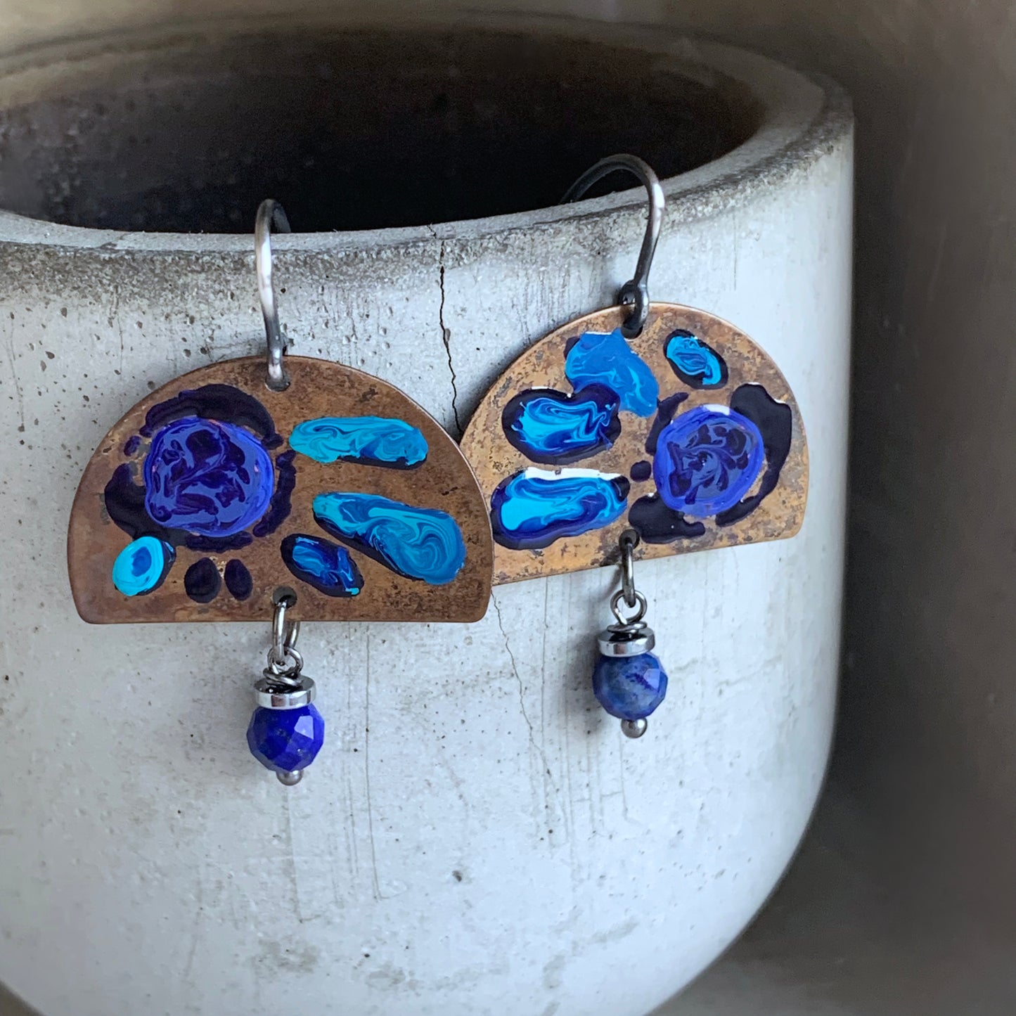 Brass, Silver & Gemstone Earrings 'Sapphire Flowers with Lapis Lazuli'