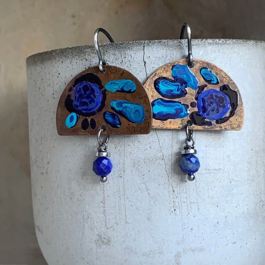 Brass, Silver & Gemstone Earrings 'Sapphire Flowers with Lapis Lazuli'