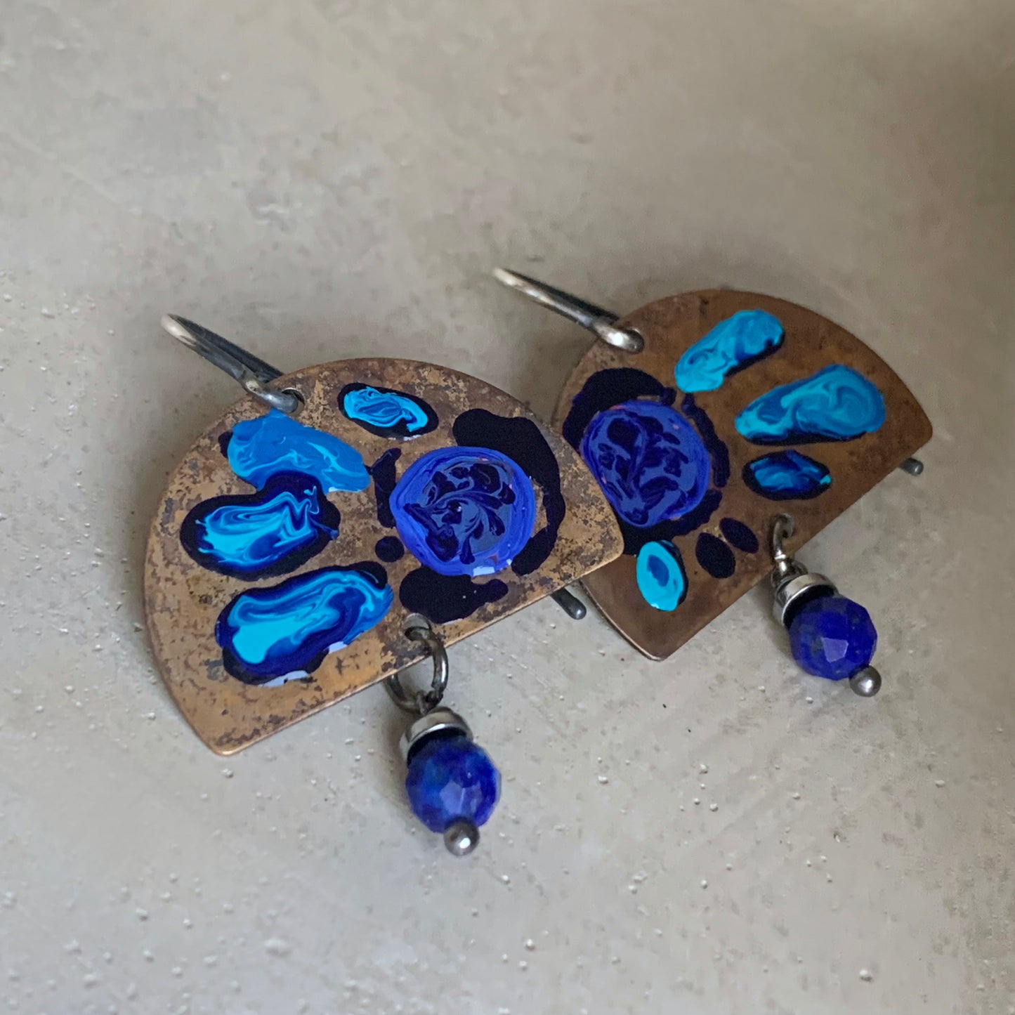 Brass, Silver & Gemstone Earrings 'Sapphire Flowers with Lapis Lazuli'