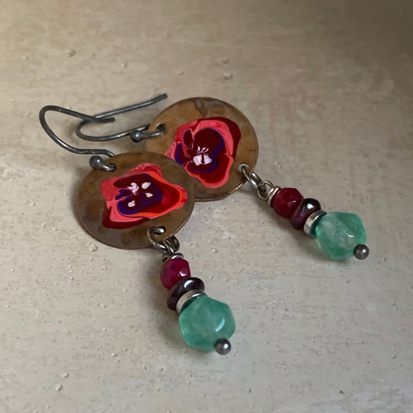 Enamelled Earrings in Brass, Silver and Gemstones 'Flowers in Burgundy Colors'