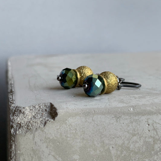Brass, Glass and Silver Earrings 'Golden Shadow & Khaki Green'