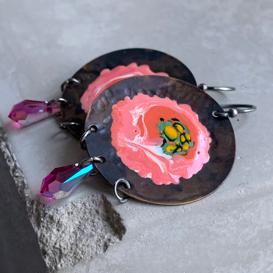 Brass, Swarovski Crystal and Sterling Silver Earrings ‘Pink Water Lilies & Swarovski Fuchsia’