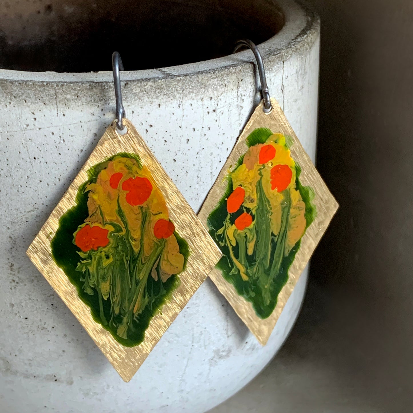 Geometric Brass Earrings 'Poppies - Impression in a Golden Frame'