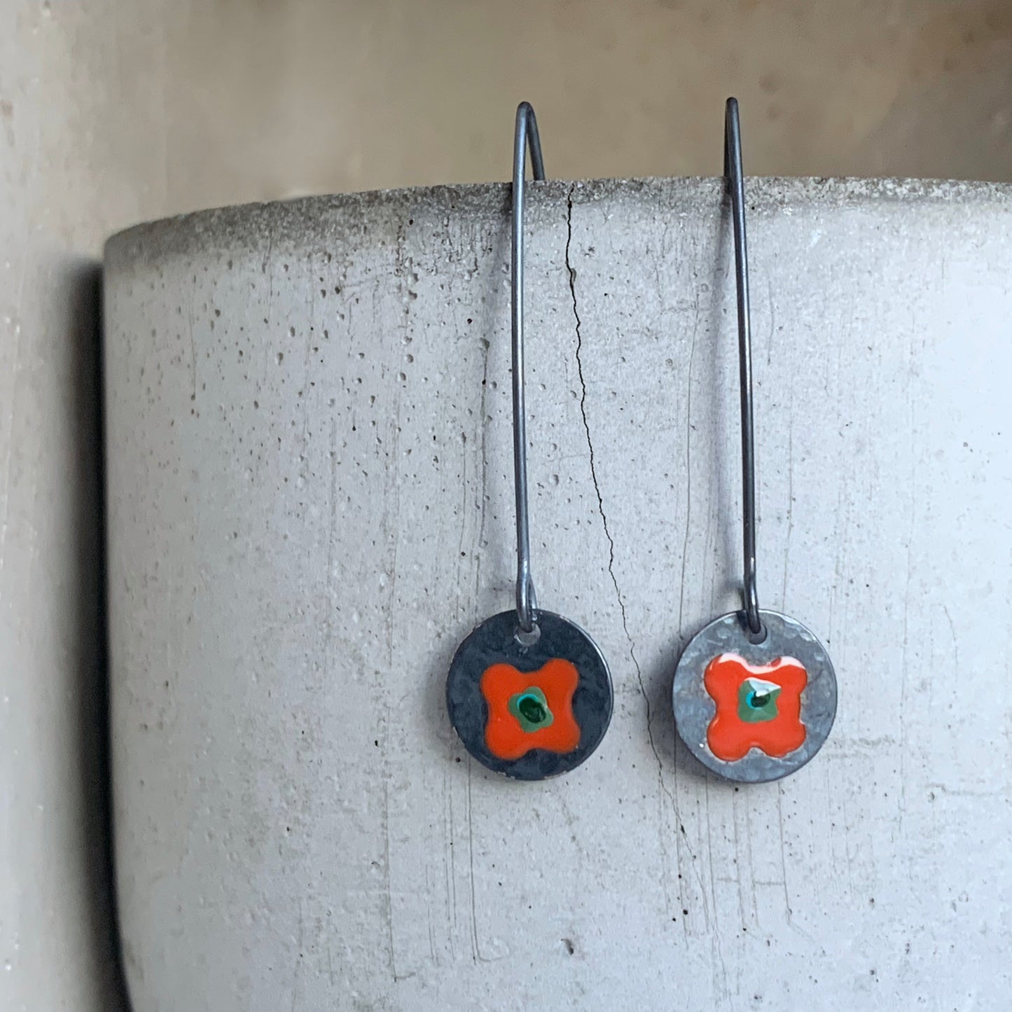 Enamelled Silver Earrings 'Wildflowers - Red & Green'