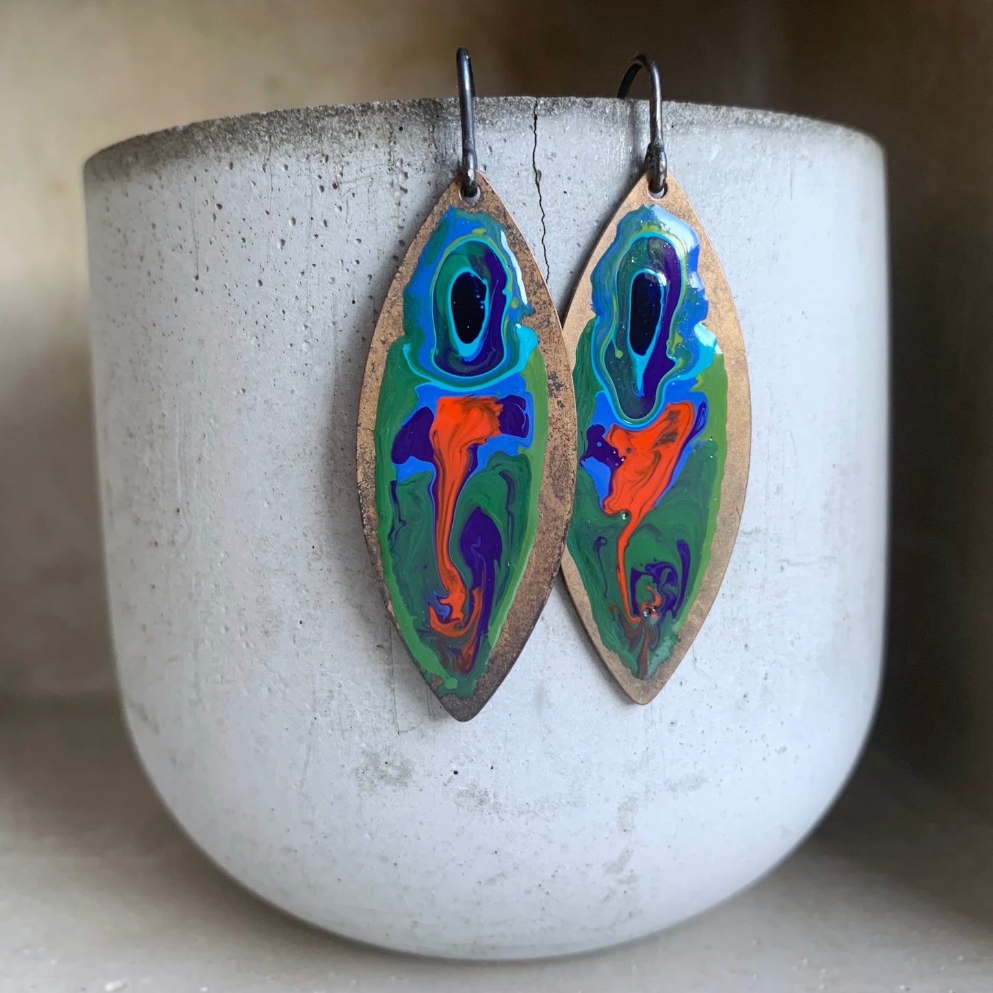 Brass and Silver Earrings with Enamel 'Peacock Fish'