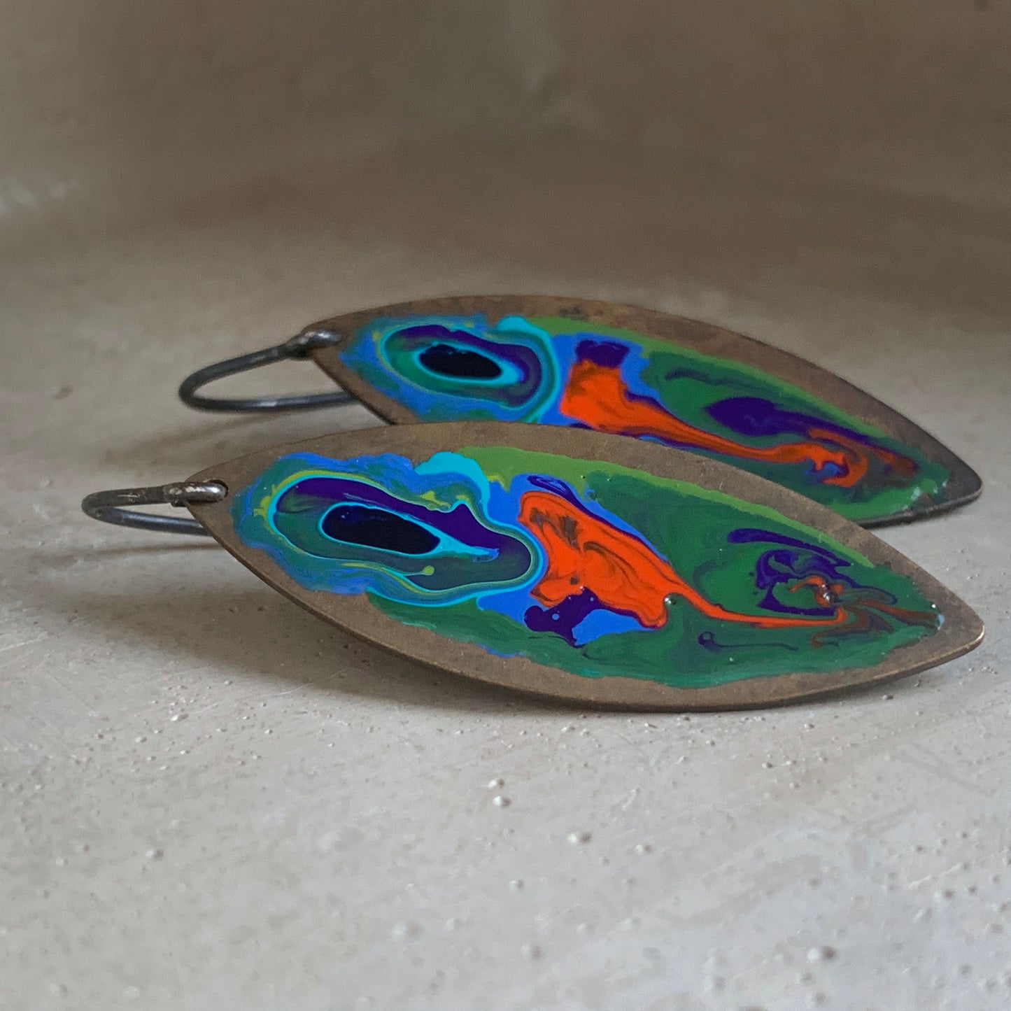 Brass and Silver Earrings with Enamel 'Peacock Fish'