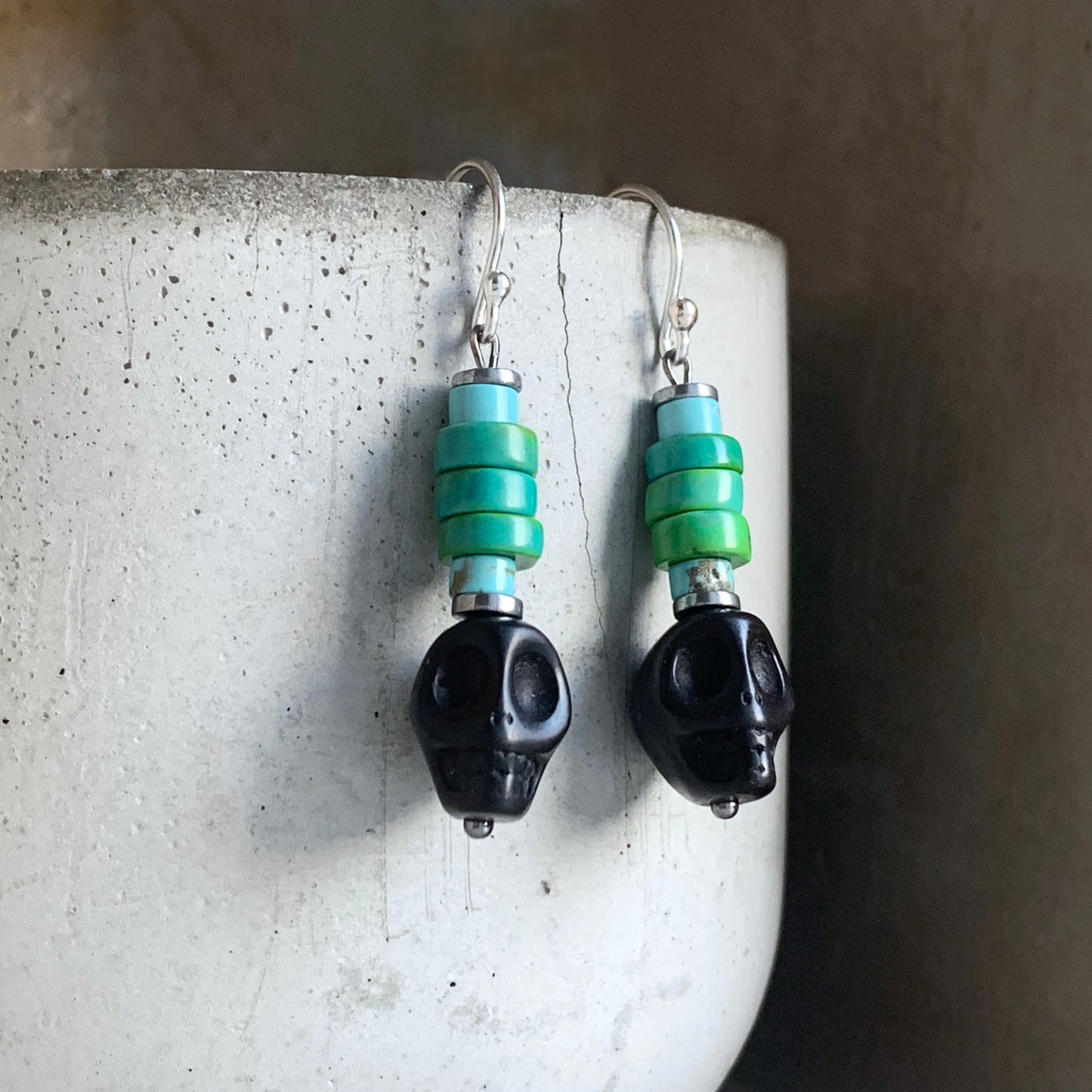 Silver Earrings with Carved Howlite, Turquoise Discs, and Silver 'Totem'