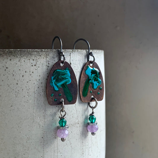 Brass, Silver, and Jade Earrings 'Wild Flowers. Turquoise & Light Purple'