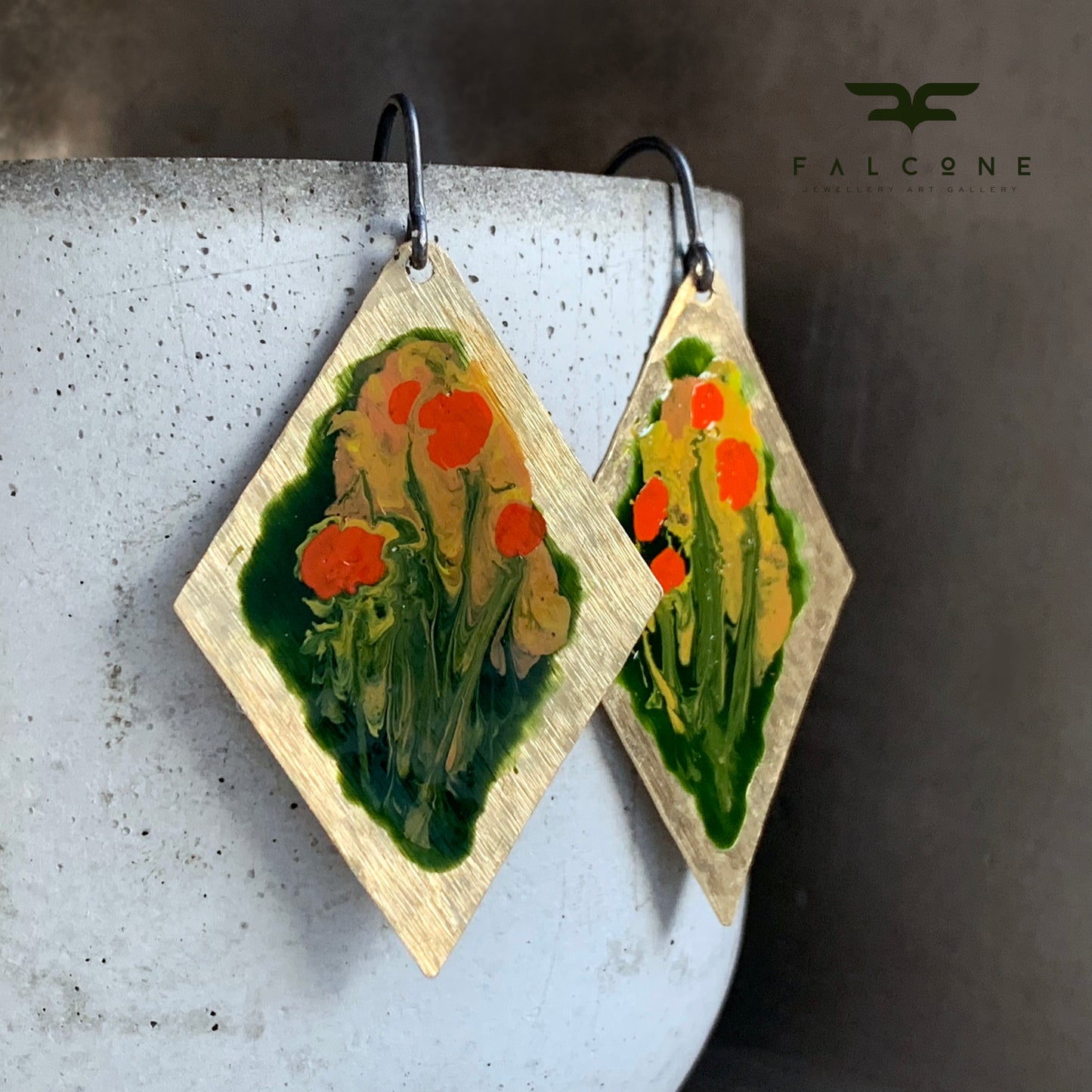 Geometric Brass Earrings 'Poppies - Impression in a Golden Frame'