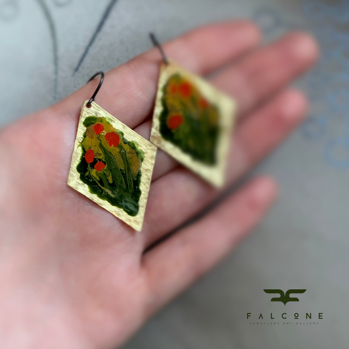 Geometric Brass Earrings 'Poppies - Impression in a Golden Frame'