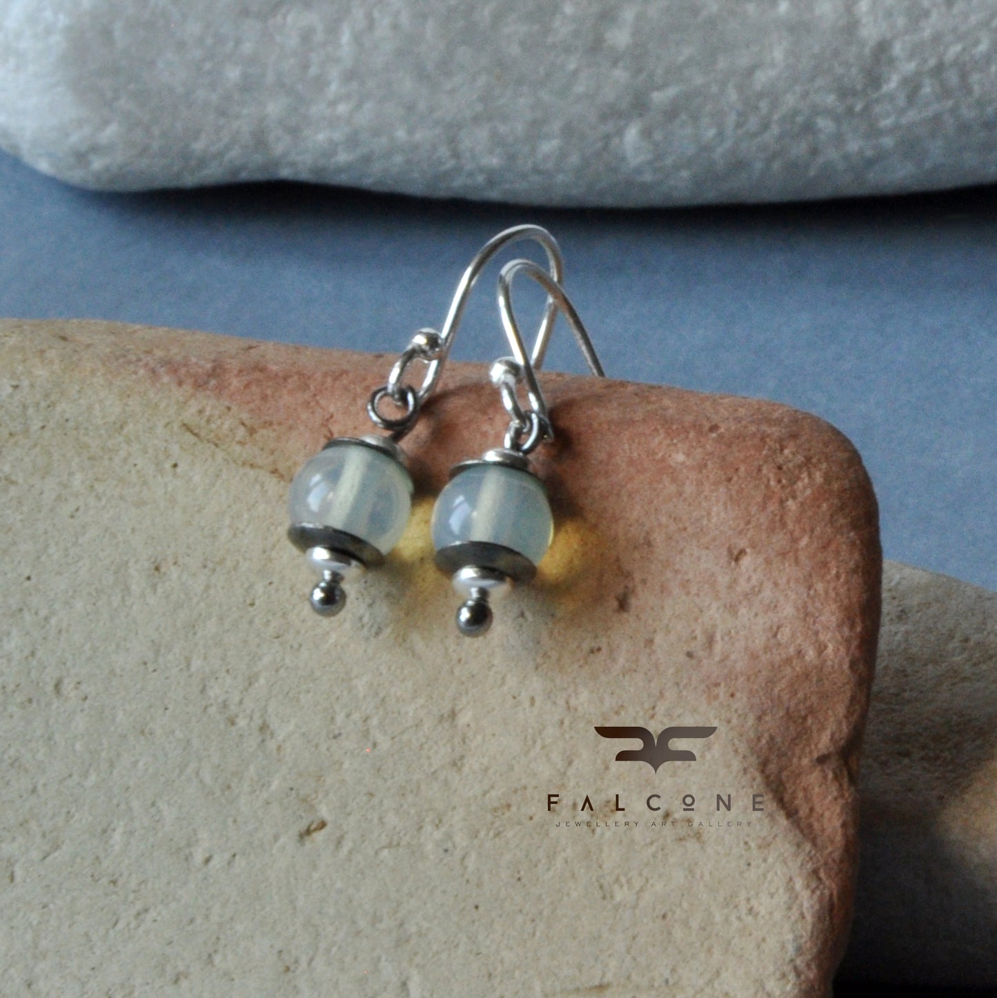 Handmade silver earrings with opalites in lemon-blue tones 'Opalite Lanterns'