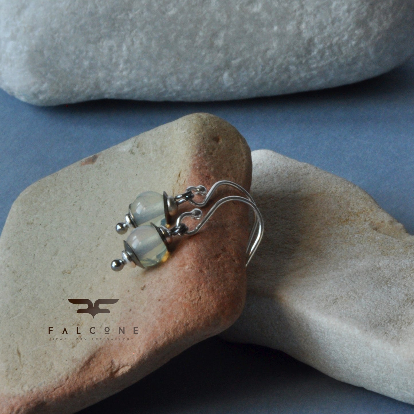 Handmade silver earrings with opalites in lemon-blue tones 'Opalite Lanterns'