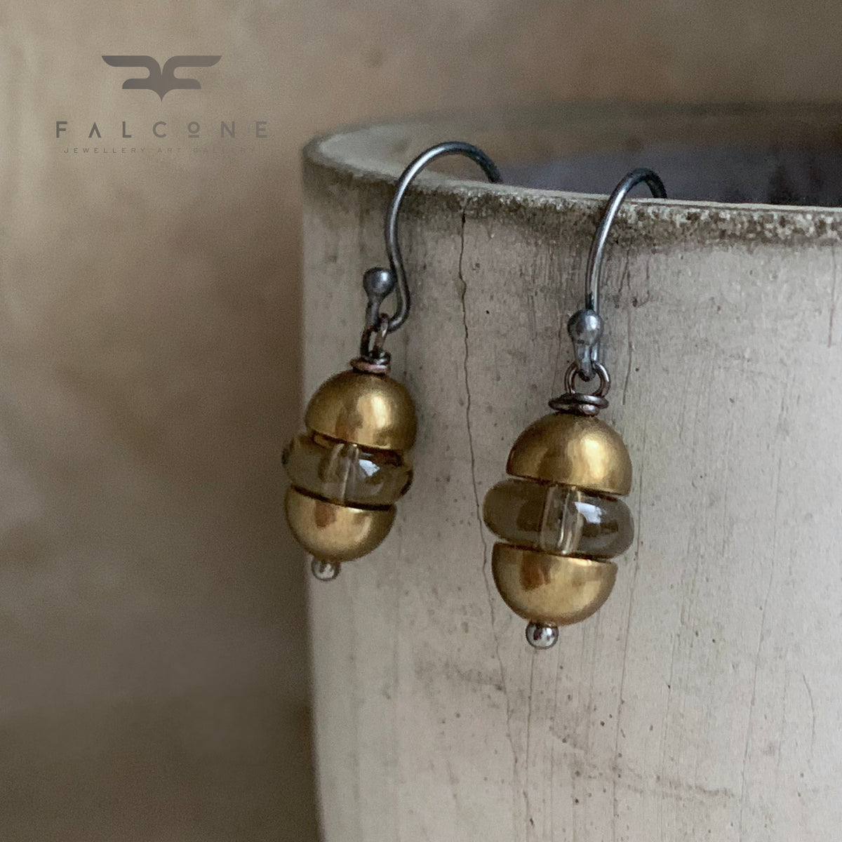 Smoky Quartz, Brass and Sterling Silver Earrings 'Moroccan Lantern'