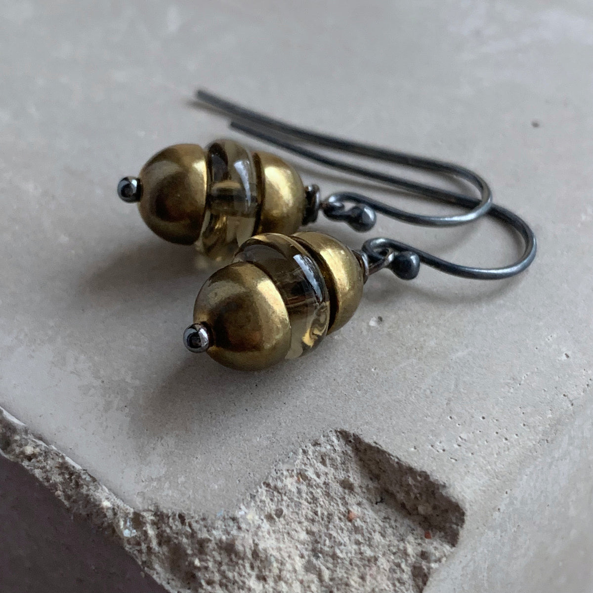 Smoky Quartz, Brass and Sterling Silver Earrings 'Moroccan Lantern'