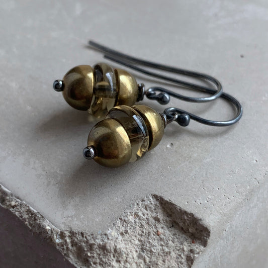 Smoky Quartz, Brass and Sterling Silver Earrings 'Moroccan Lantern'
