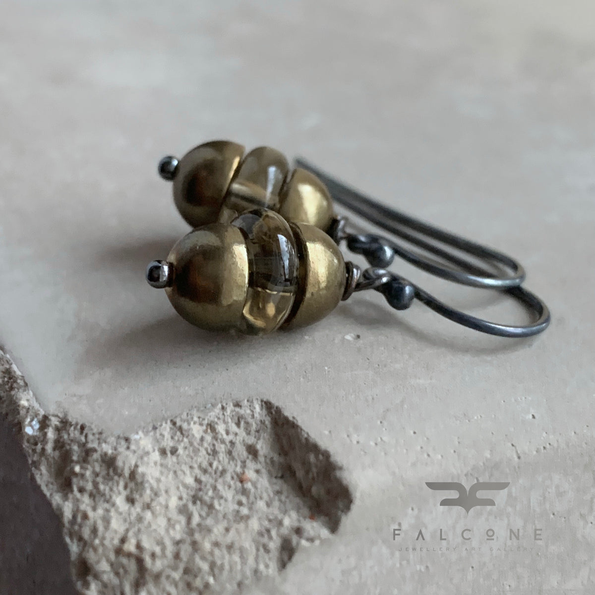 Smoky Quartz, Brass and Sterling Silver Earrings 'Moroccan Lantern'