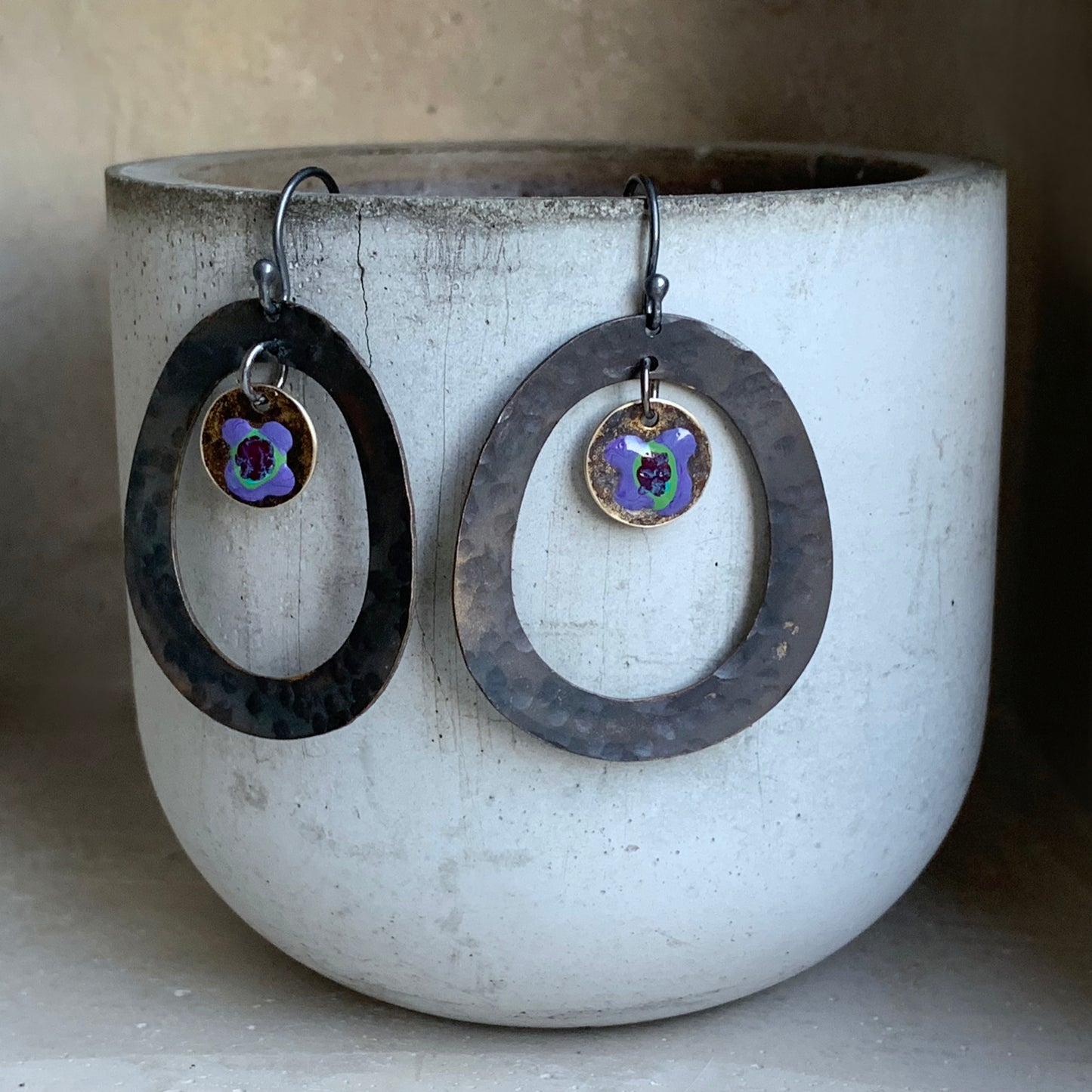 Brass and Sterling Silver Earrings 'Secret Garden - Purple Violets'