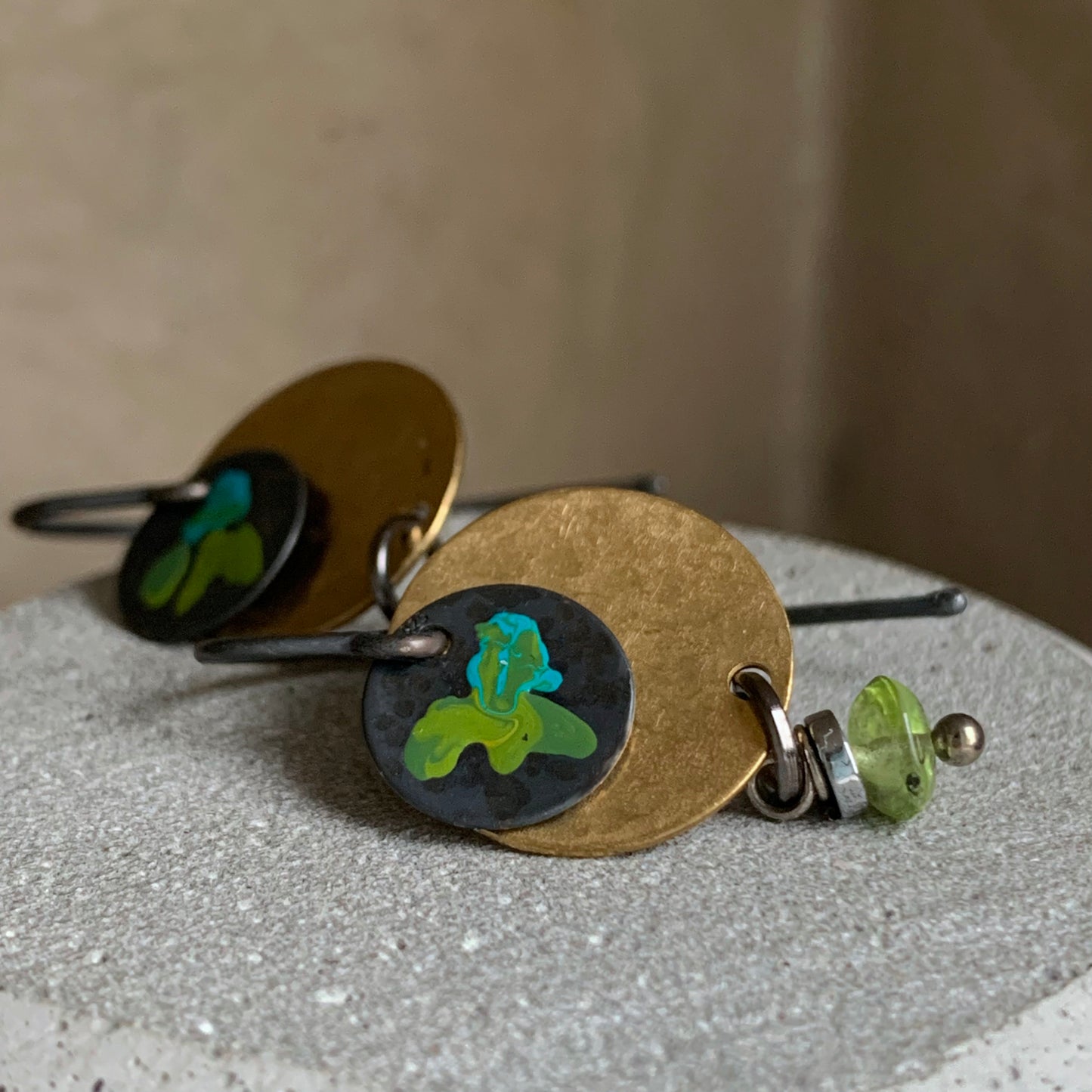 Brass, Peridot, and Silver Earrings 'Field Flowers - Turquoise & Green in Gold'