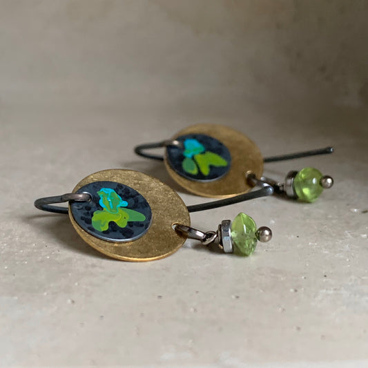 Brass, Peridot, and Silver Earrings 'Field Flowers - Turquoise & Green in Gold'