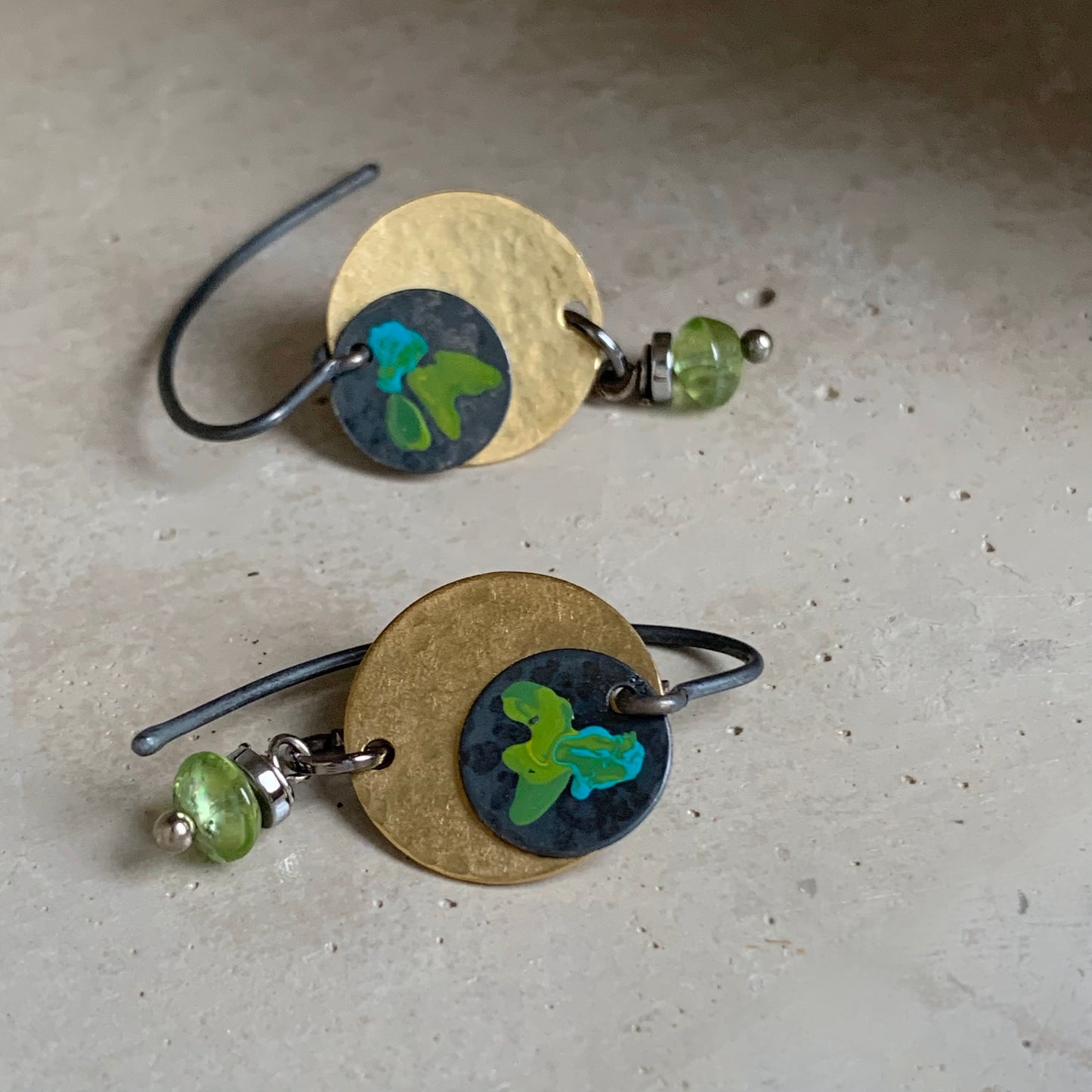 Brass, Peridot, and Silver Earrings 'Field Flowers - Turquoise & Green in Gold'