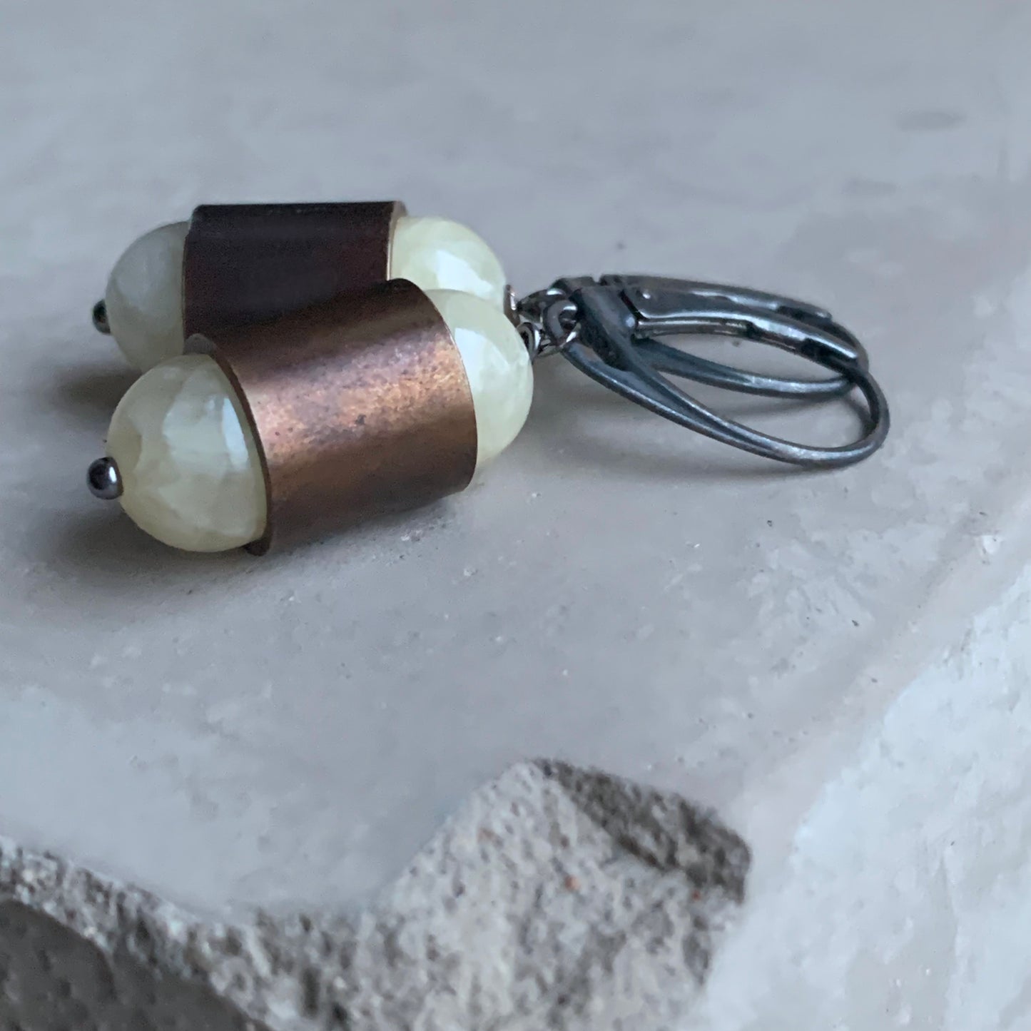 Jade, Brass and Sterling Silver Earrings 'Pastel Yellow & Velvet Brown'