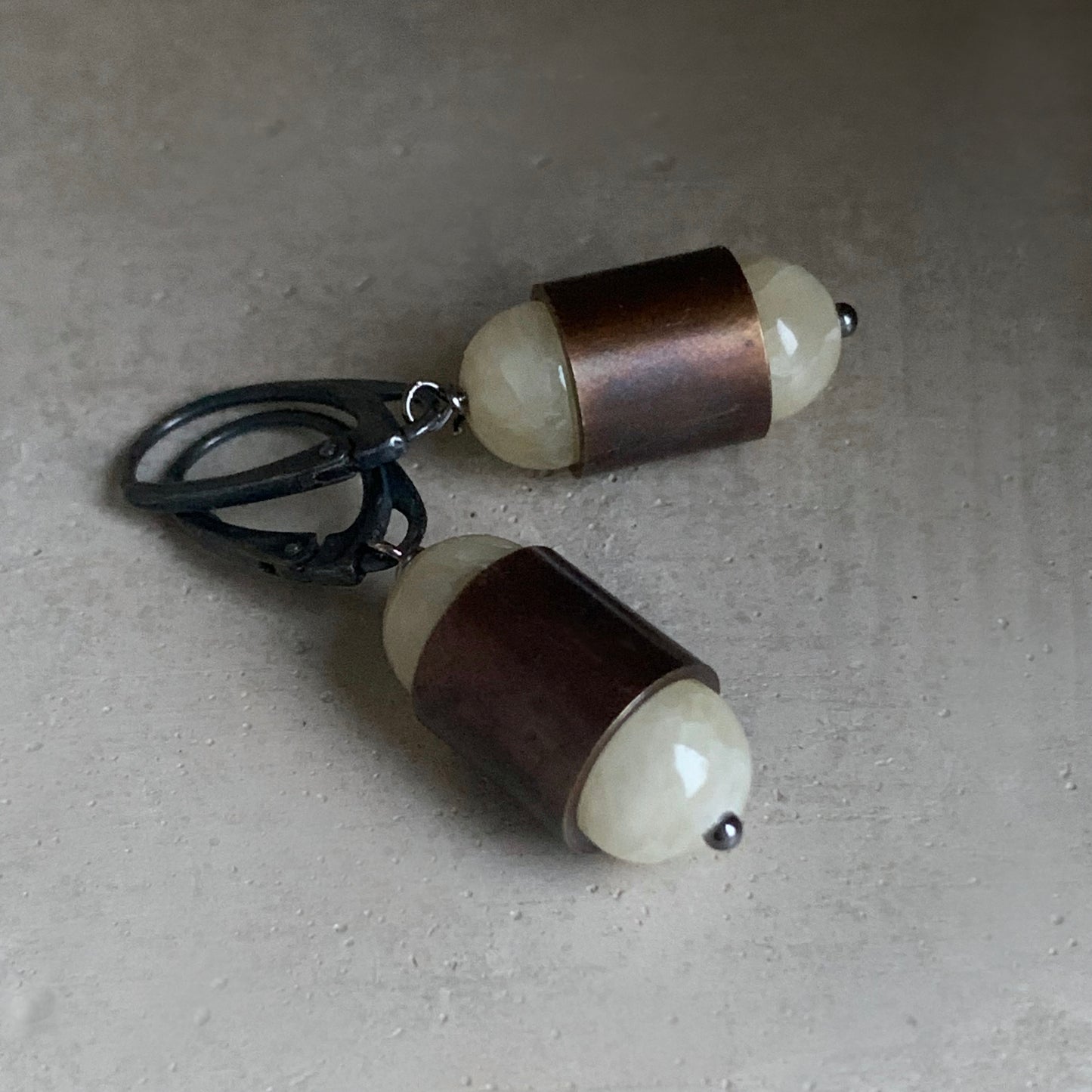 Jade, Brass and Sterling Silver Earrings 'Pastel Yellow & Velvet Brown'