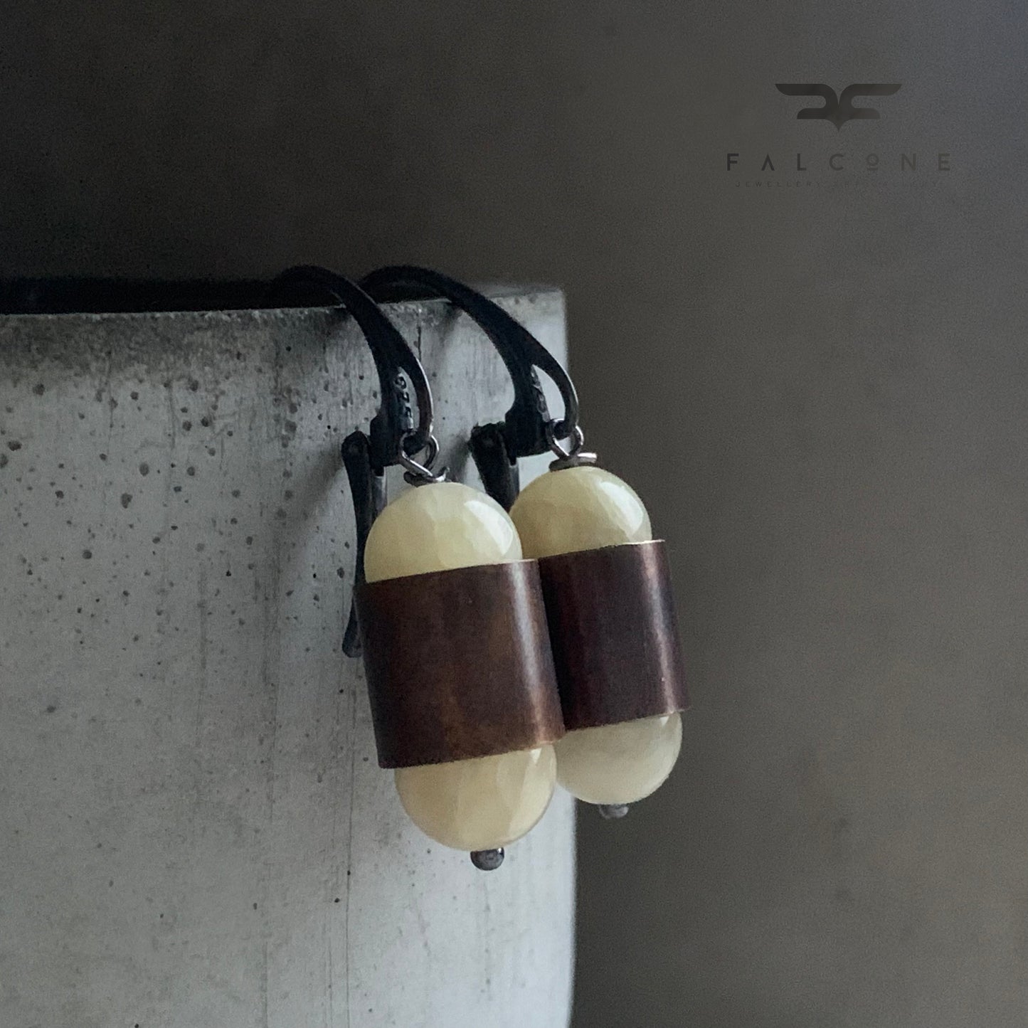Jade, Brass and Sterling Silver Earrings 'Pastel Yellow & Velvet Brown'